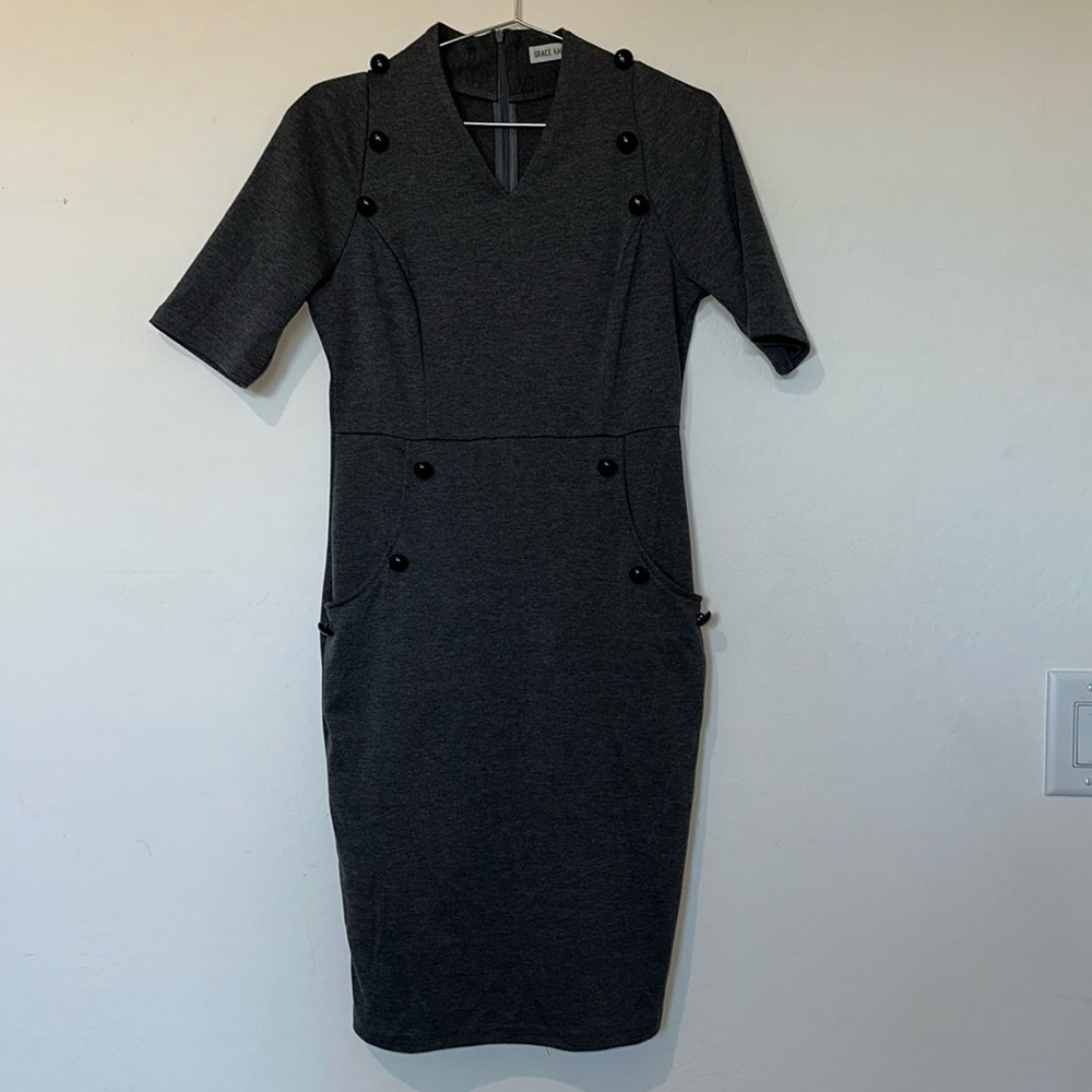 Grace Kerin Gray Sheath Midi Dress V-Neck 3/4 Sleeve